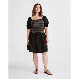 MADEWELL Poplin Puff-Sleeve Mini Dress L Jet Black Embroidered  Smocked NWT B38